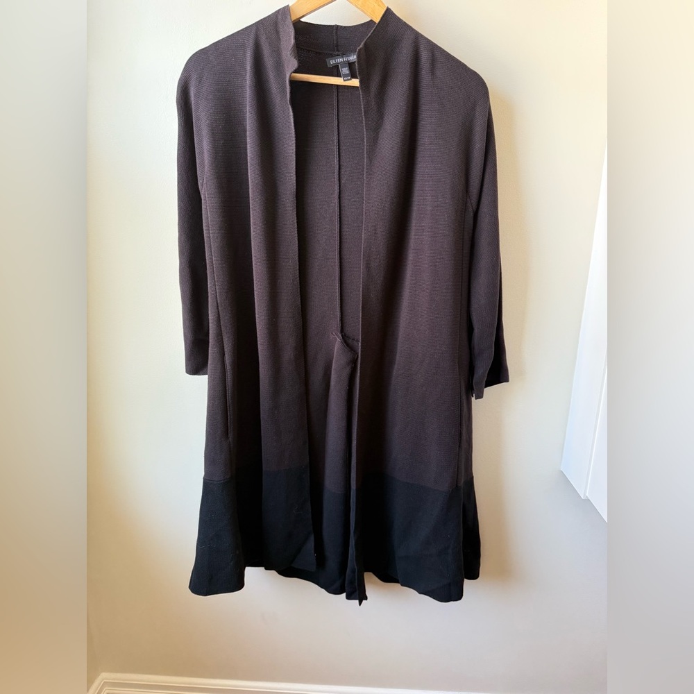 EILEEN FISHER Silk Cotton‎ Colorblock Cardigan Sweater Neutral Quiet Luxury XS